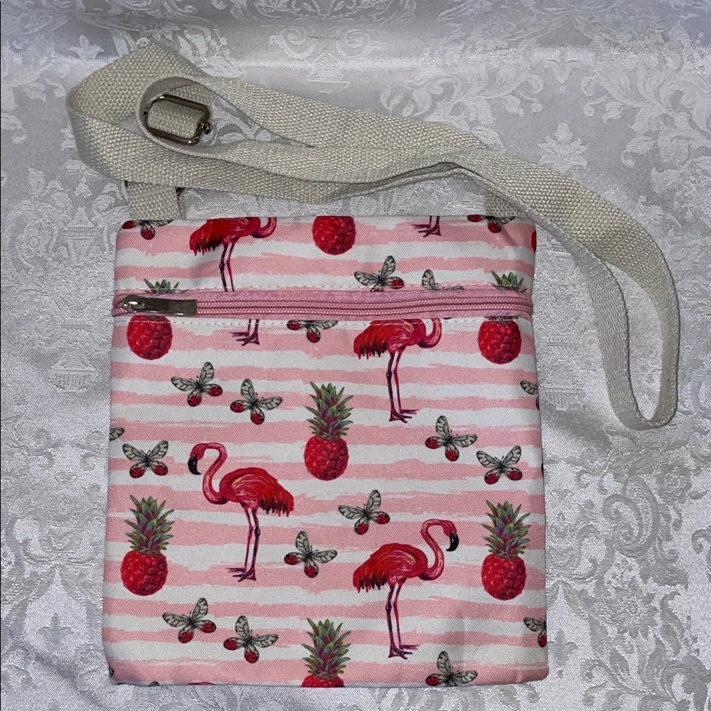 Flamingo Print Crossbody Bag.  9x8.5”.